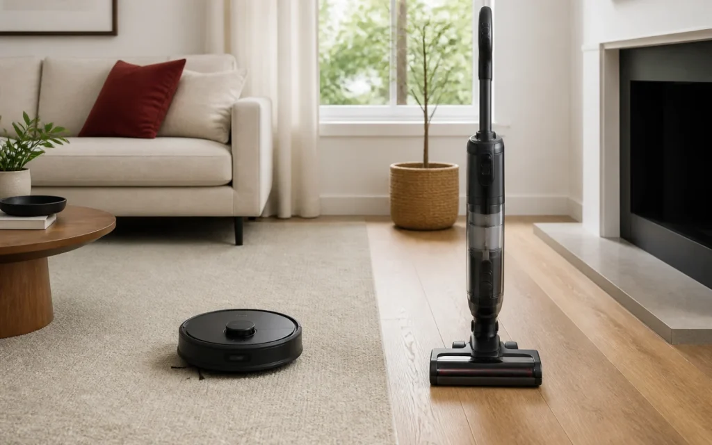 Aspiradora robot y aspiradora vertical comparadas en una sala