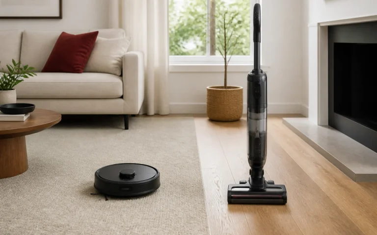 Aspiradora robot y aspiradora vertical comparadas en una sala