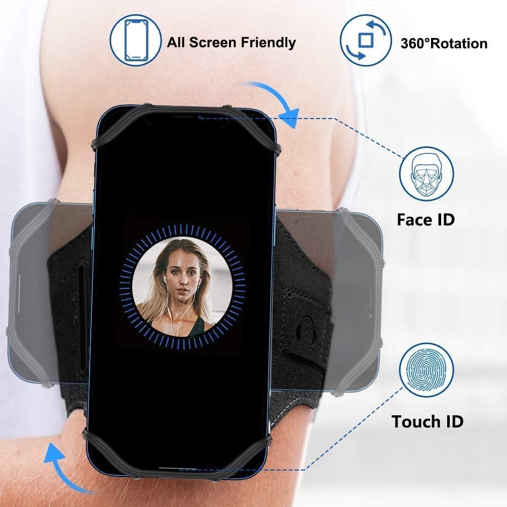 VUP Running Armband 360°Rotatable for iPhone 17/16/15/14/13/Pro Max/Pro/Mini/12/11/SE/Xs/XR/X/8/7/Plus, Fits All 4-6.7 Inch Smartphones, with Key Holder Phone Armband for Running Hiking Biking (Black) Black Armband
