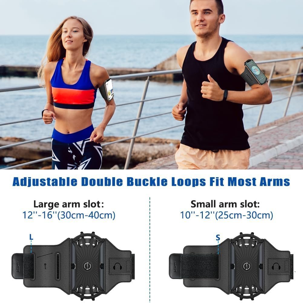 VUP Running Armband 360°Rotatable for iPhone 17/16/15/14/13/Pro Max/Pro/Mini/12/11/SE/Xs/XR/X/8/7/Plus, Fits All 4-6.7 Inch Smartphones, with Key Holder Phone Armband for Running Hiking Biking (Black) Black Armband