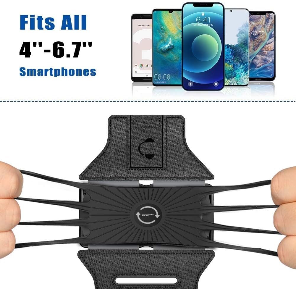 VUP Running Armband 360°Rotatable for iPhone 17/16/15/14/13/Pro Max/Pro/Mini/12/11/SE/Xs/XR/X/8/7/Plus, Fits All 4-6.7 Inch Smartphones, with Key Holder Phone Armband for Running Hiking Biking (Black) Black Armband