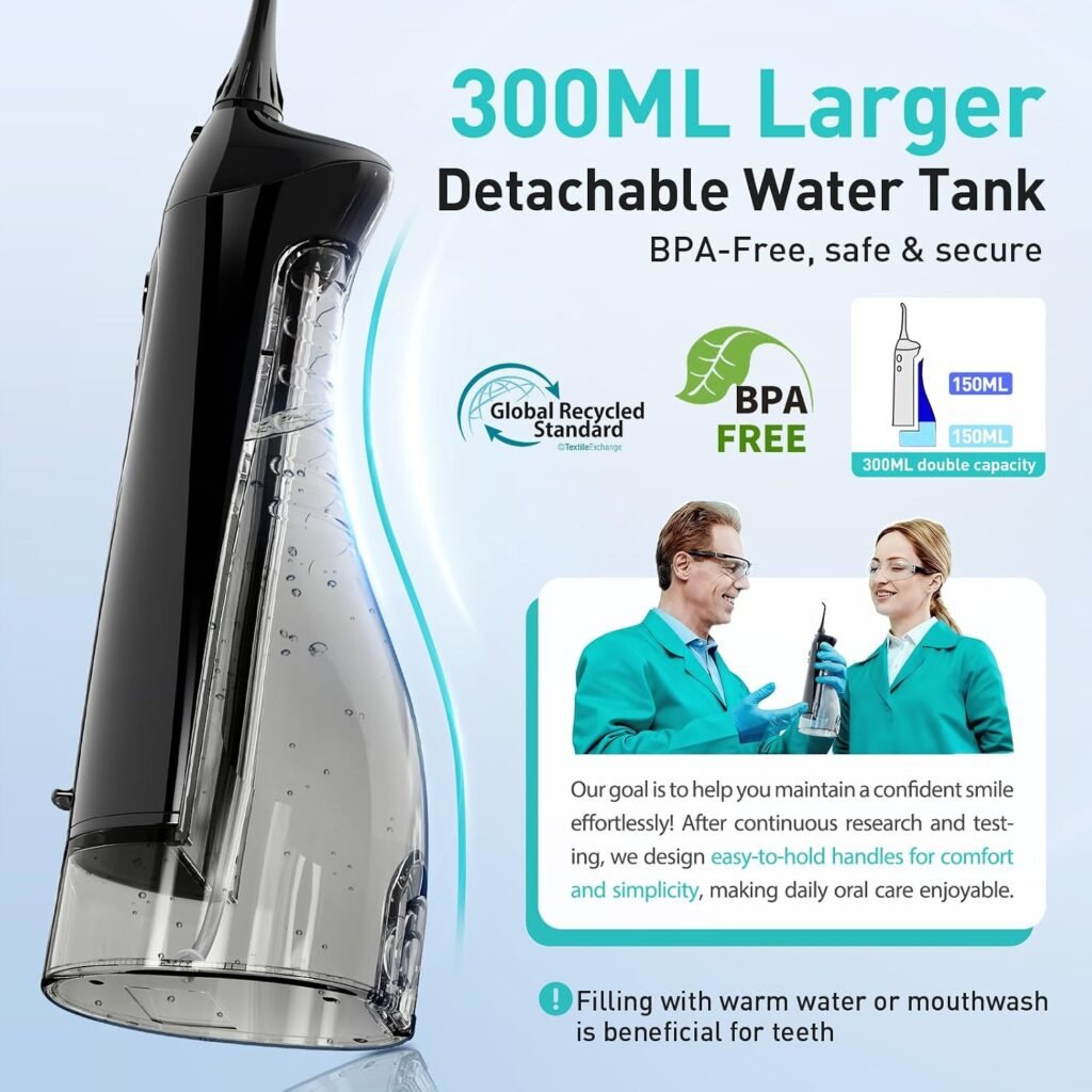 COSLUS ADA Accepted C20 Water Dental Flosser Teeth Pick, 300ML Larger Tank Black Professional Set