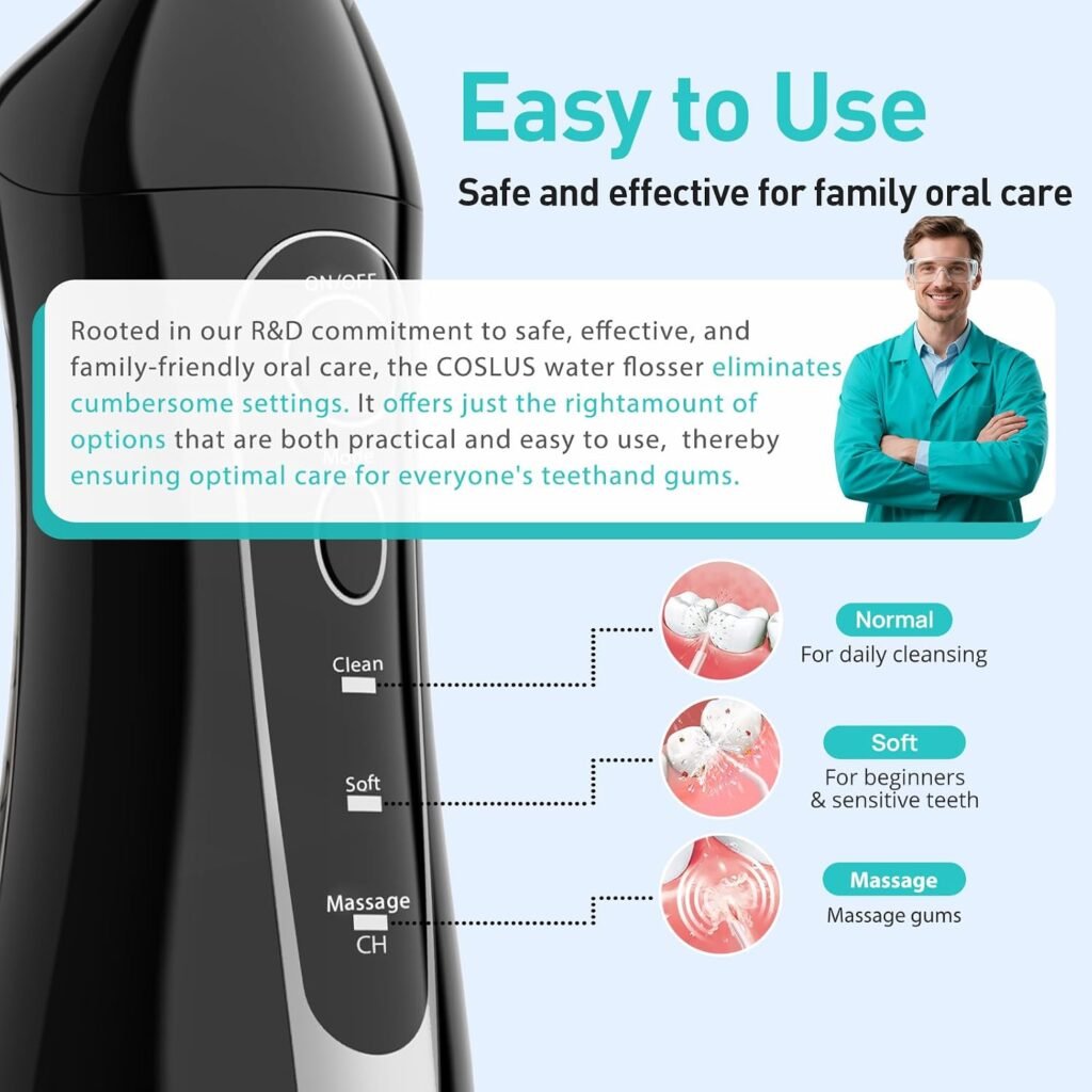 COSLUS ADA Accepted C20 Water Dental Flosser Teeth Pick, 300ML Larger Tank Black Professional Set