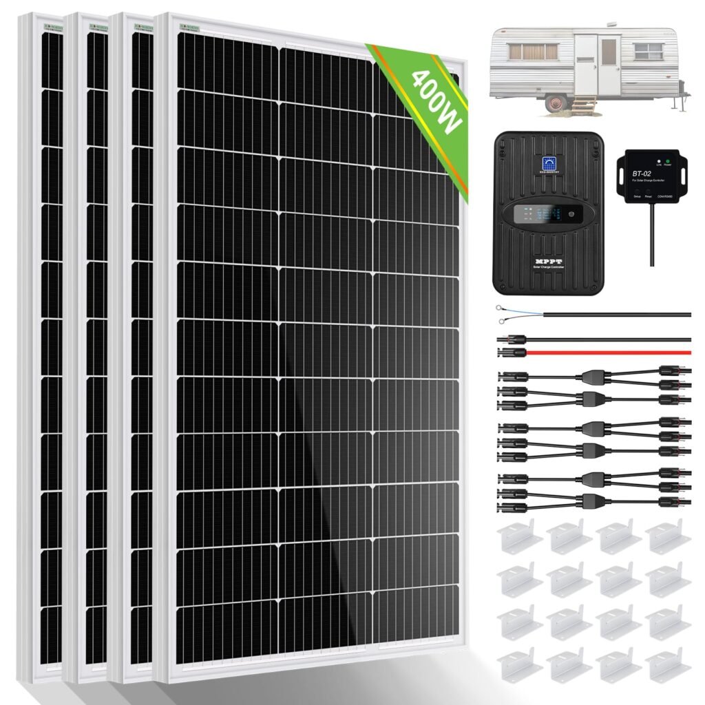 ECO-WORTHY 400 Watt 12 Volt Premium Solar Panel Kit :4pcs 100W Solar Panel+ 40A MPPT Charge Controller+ Bluetooth Module+ Mounting Z Brackets, 400W 12V Solar Power Off Grid System for Home, RV, Boat. 400W KIT