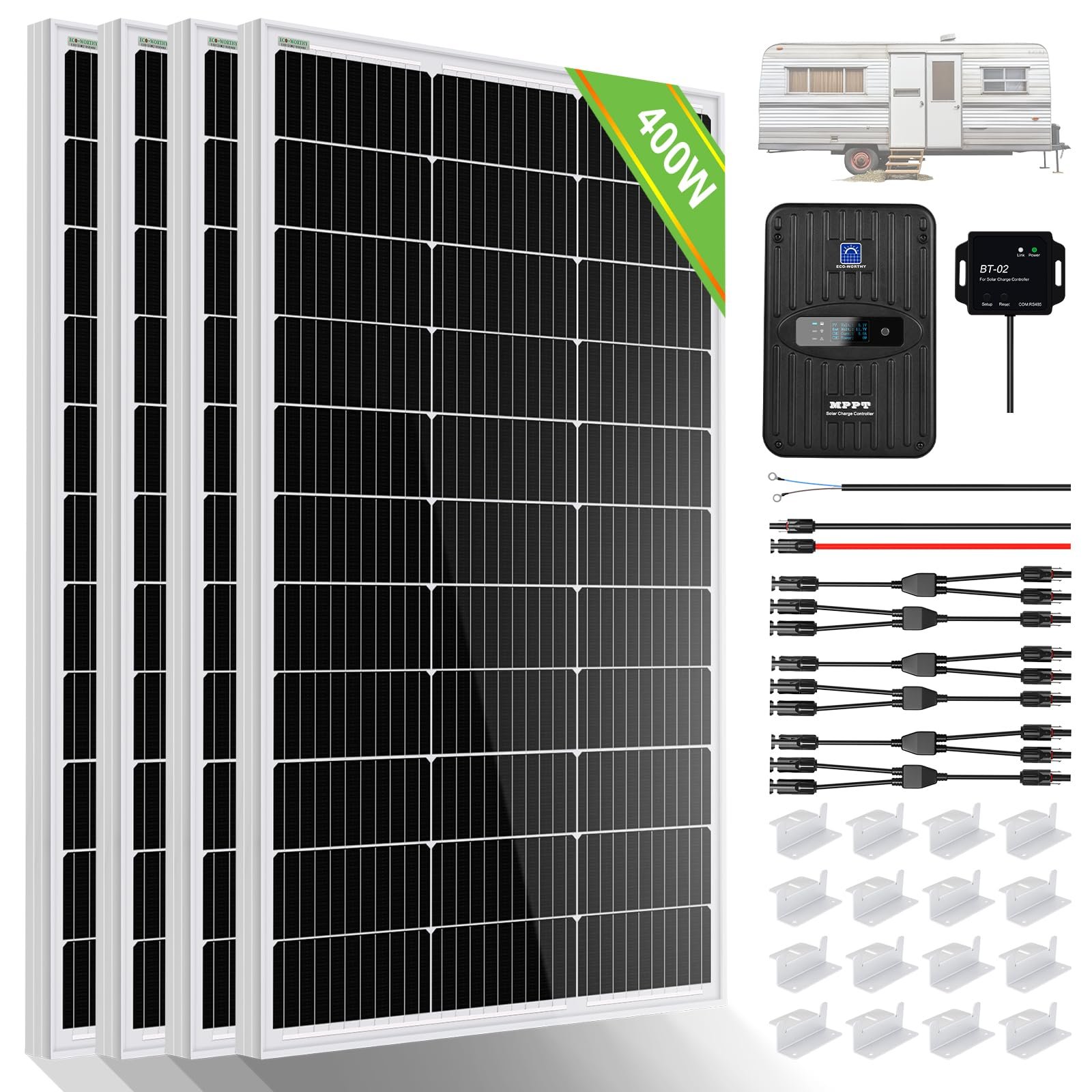 ECO-WORTHY 400 Watt 12 Volt Premium Solar Panel Kit :4pcs 100W Solar Panel+ 40A MPPT Charge Controller+ Bluetooth Module+ Mounting Z Brackets, 400W 12V Solar Power Off Grid System for Home, RV, Boat. 400W KIT