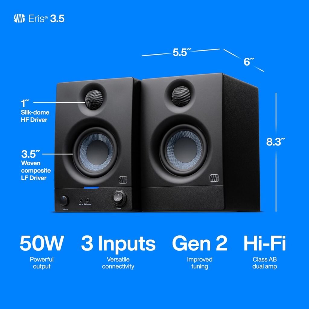 PreSonus Eris 3.5 Powered Studio Monitors, Pair — 3.5” Active Near 3.5" Black