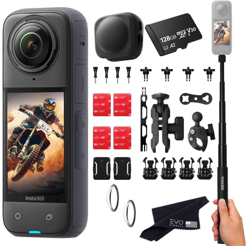 Insta360 X4 Motorcycle Bundle- 8K Waterproof 360 Action Camera with 1/2"" 48MP Sensors, 5.7K 360 HDR Video, |Includes Motorcycle Bundle, Selfie Stick, Lens Guard and Lens Cap (128GB), Black