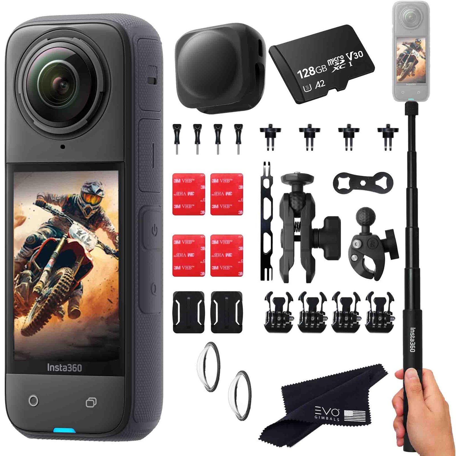 Insta360 X4 Motorcycle Bundle- 8K Waterproof 360 Action Camera with 1/2"" 48MP Sensors, 5.7K 360 HDR Video, |Includes Motorcycle Bundle, Selfie Stick, Lens Guard and Lens Cap (128GB), Black