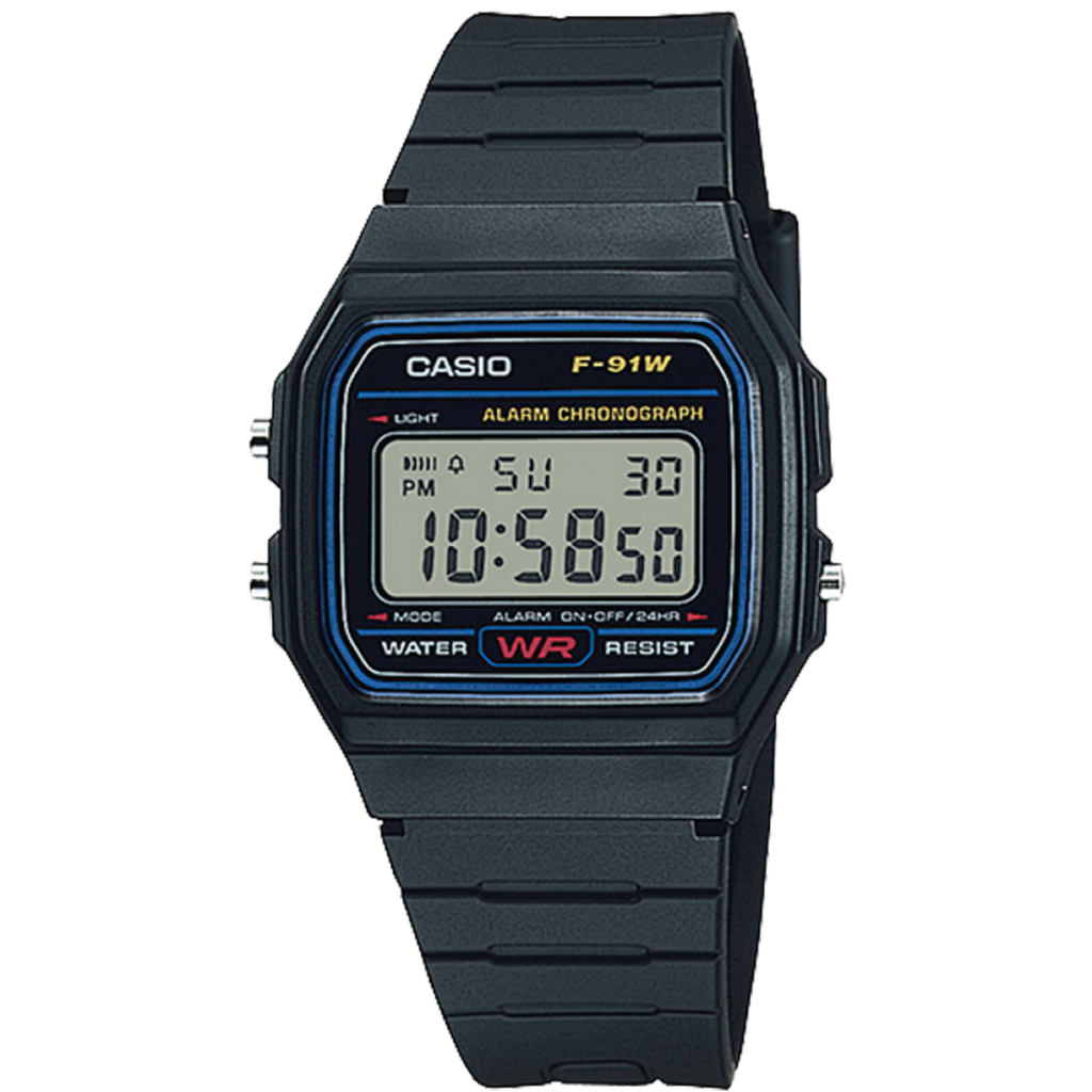 Casio F91W-1 negro, vista frontal del reloj digital