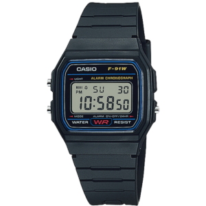 Casio F91W-1 negro, vista frontal del reloj digital
