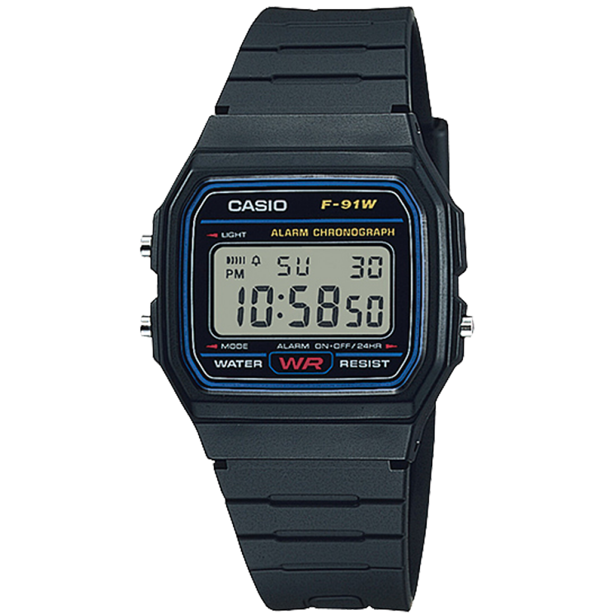 Casio F91W-1 negro, vista frontal del reloj digital