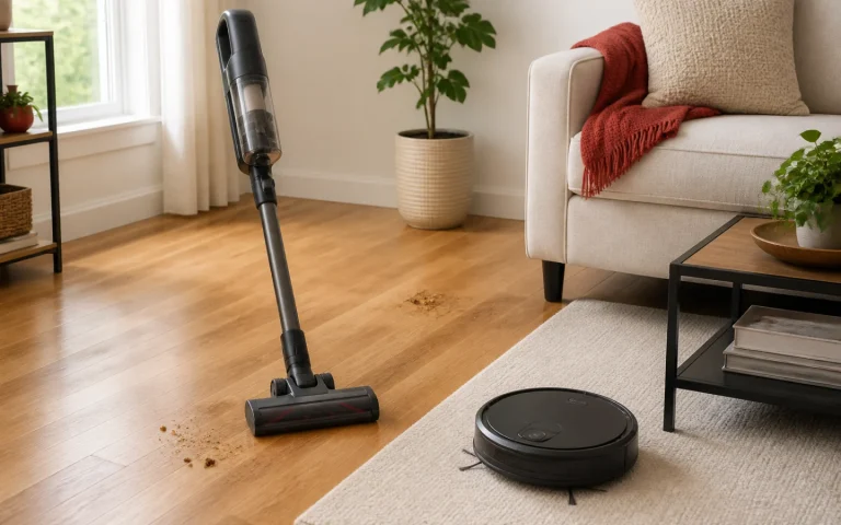 Aspiradora vertical y aspiradora robot en una sala con piso y alfombra
