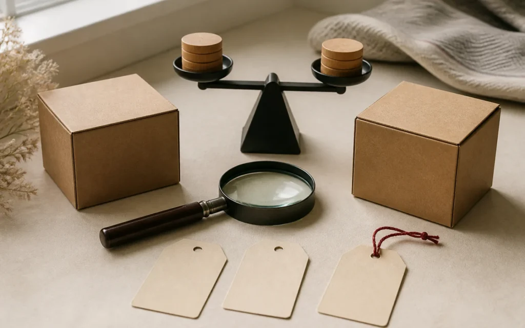 Dos cajas, una balanza y una lupa para comparar una oferta