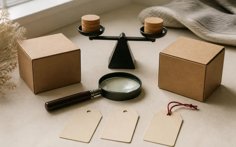 Dos cajas, una balanza y una lupa para comparar una oferta