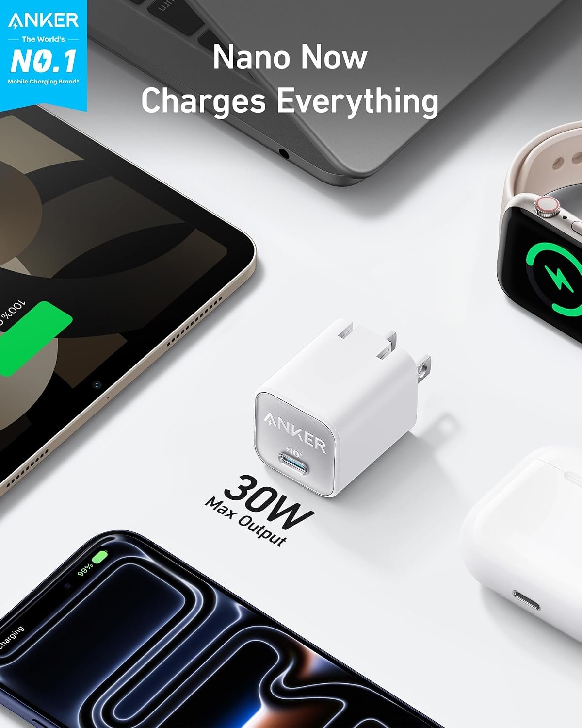 Anker Nano Phone Charger, 30W Portble and Foldable USB C GaN Charger (White) white 1 pack