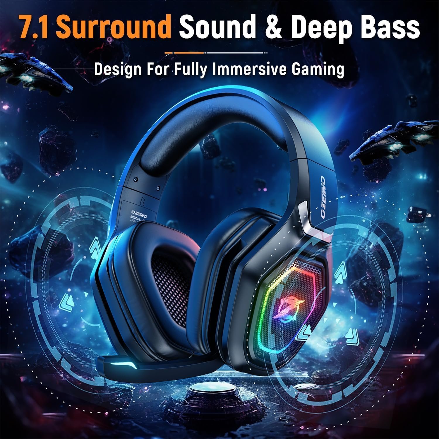 Ozeino 2.4GHz Wireless Gaming Headset with Microphone, 2.4G USB & Type C Transmitter - 30h Battery Life - RGB Lighting Gaming Headphones for PS5, PS4, PC, Phone