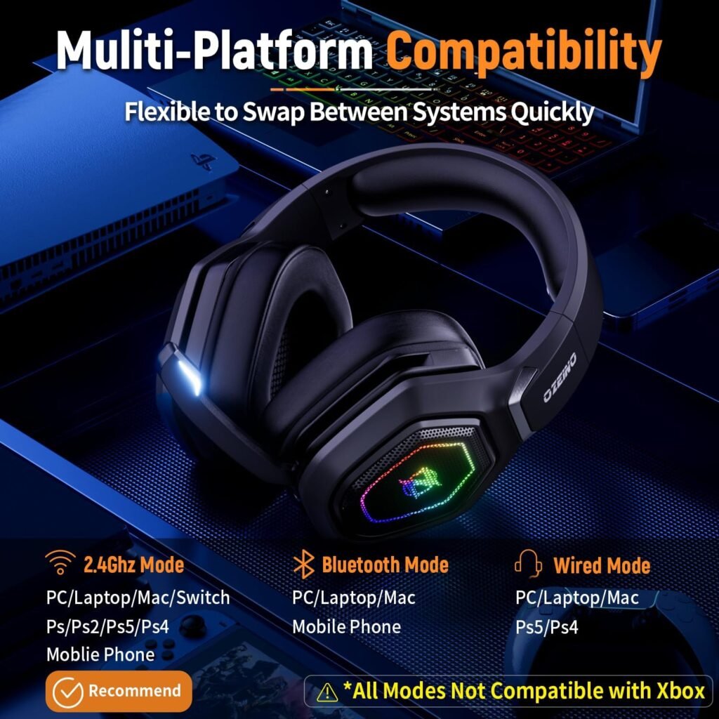 Ozeino 2.4GHz Wireless Gaming Headset with Microphone, 2.4G USB & Type C Transmitter - 30h Battery Life - RGB Lighting Gaming Headphones for PS5, PS4, PC, Phone