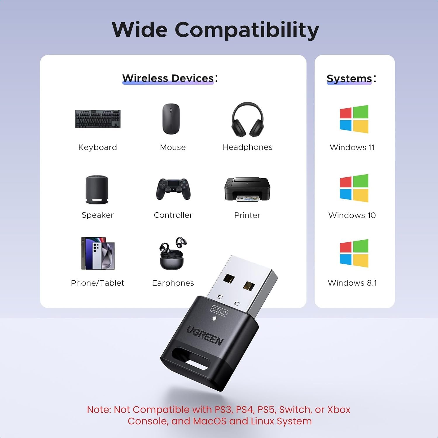 UGREEN USB Bluetooth Adapter for PC Bluetooth 6.0 Dongle Receiver